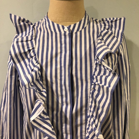 Madewell Blue and White Striped Ruffle Front Button-down Blouse - Picture 2 of 6